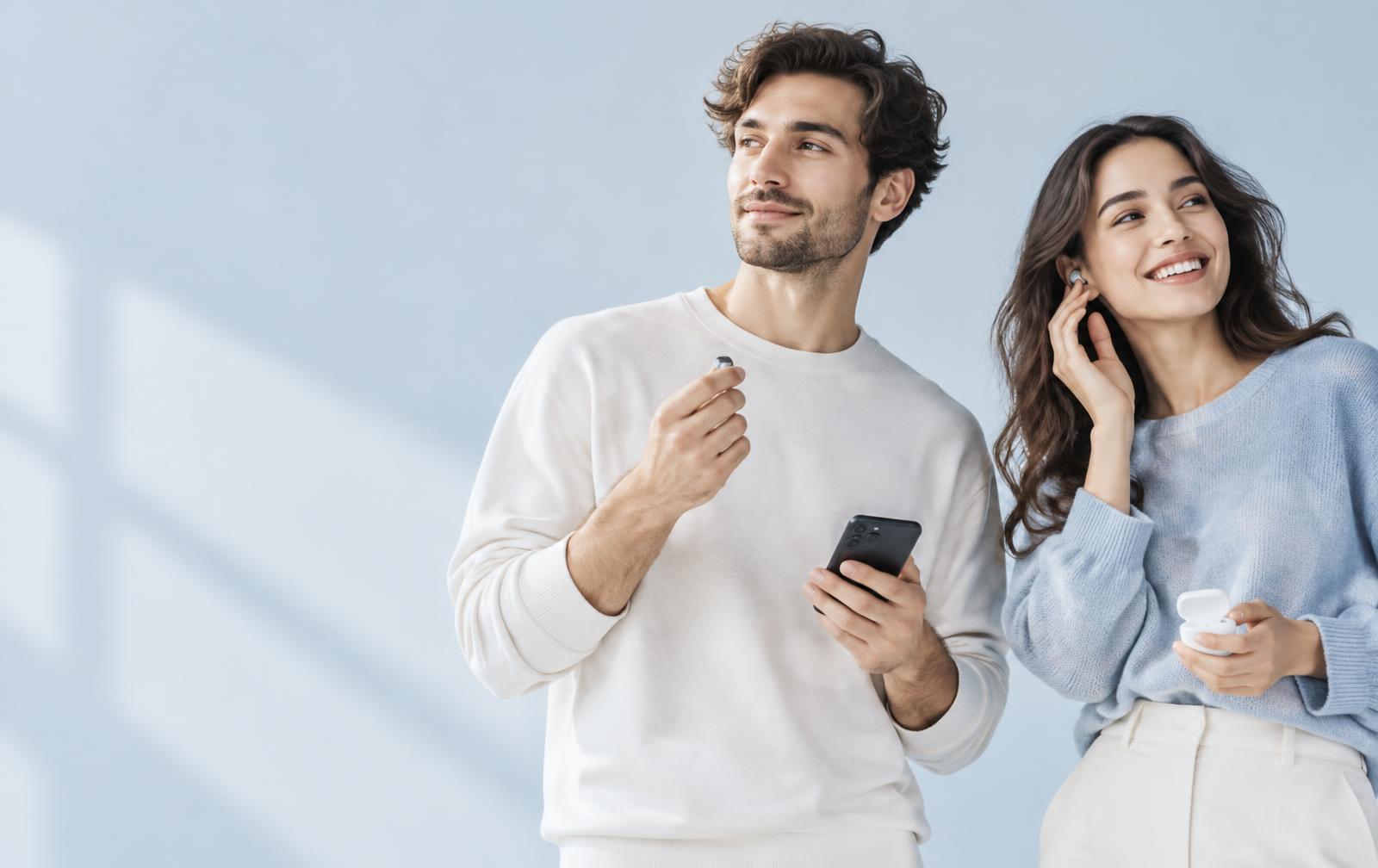 Casal usando roupas casuais e fones sem fio